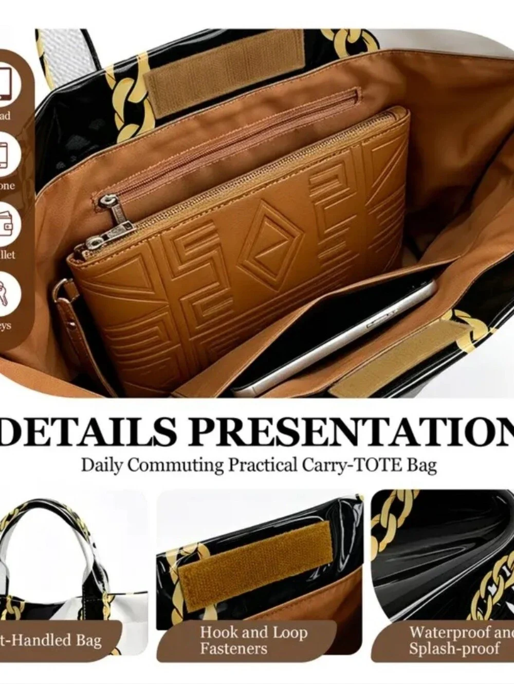 Women Animal Chain Print Glossy Hand Tote Bag Large Daily Commuter Tote